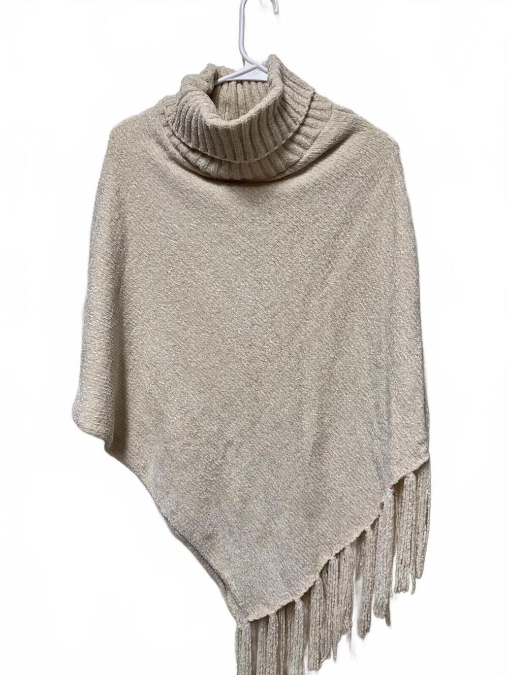 Britt's Knits Cream Cowl Neck Fringe Poncho One Size
